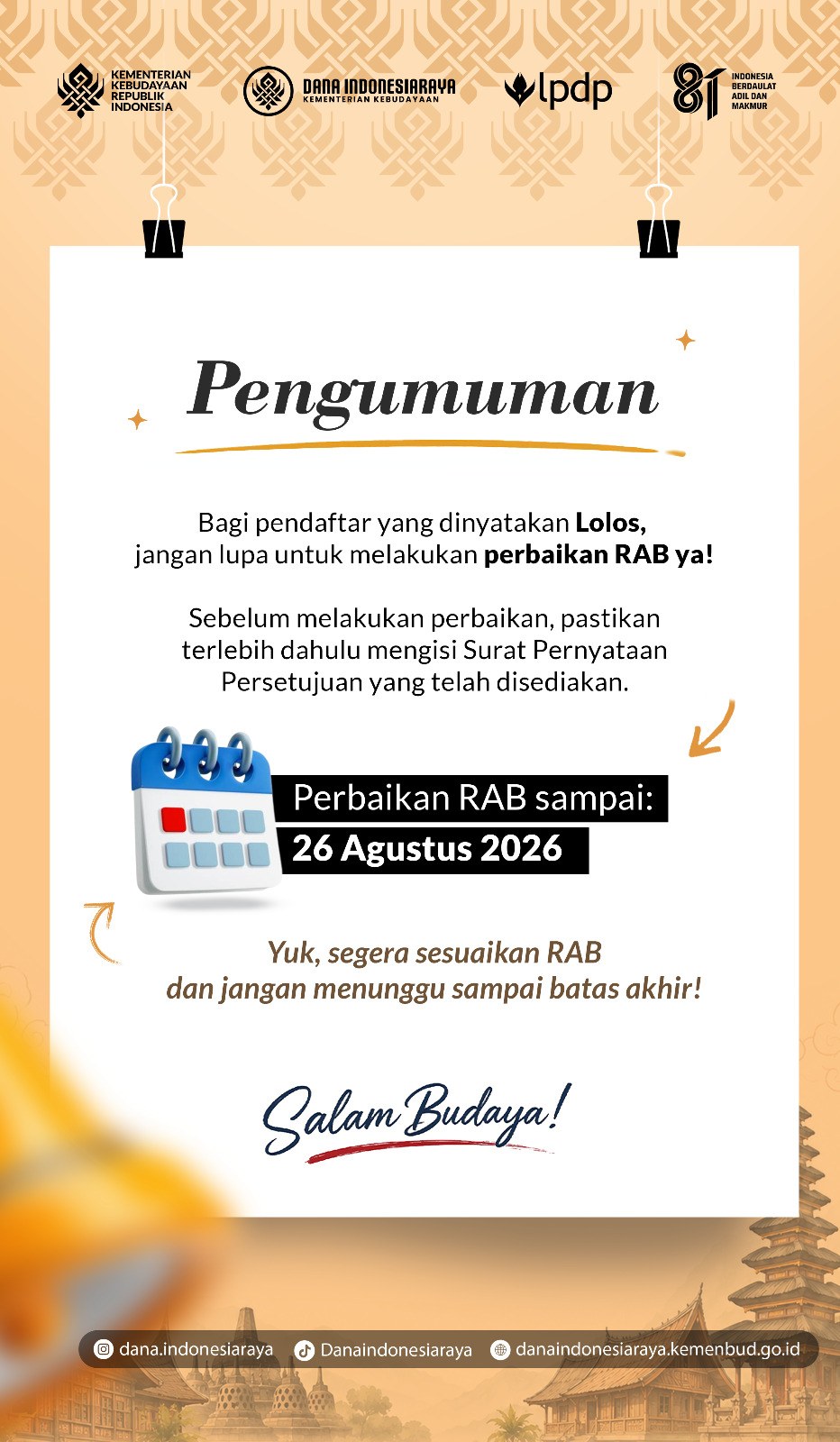 Pengumuman Perbaikan RAB sampai 26 Agustus 2026